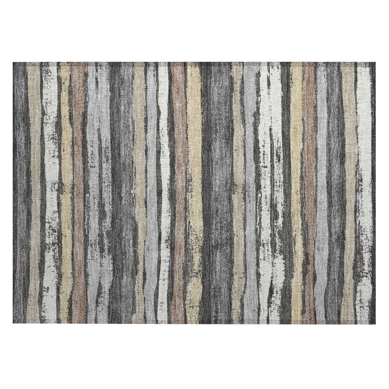 Charcoal and Beige Striped Synthetic Washable Rug