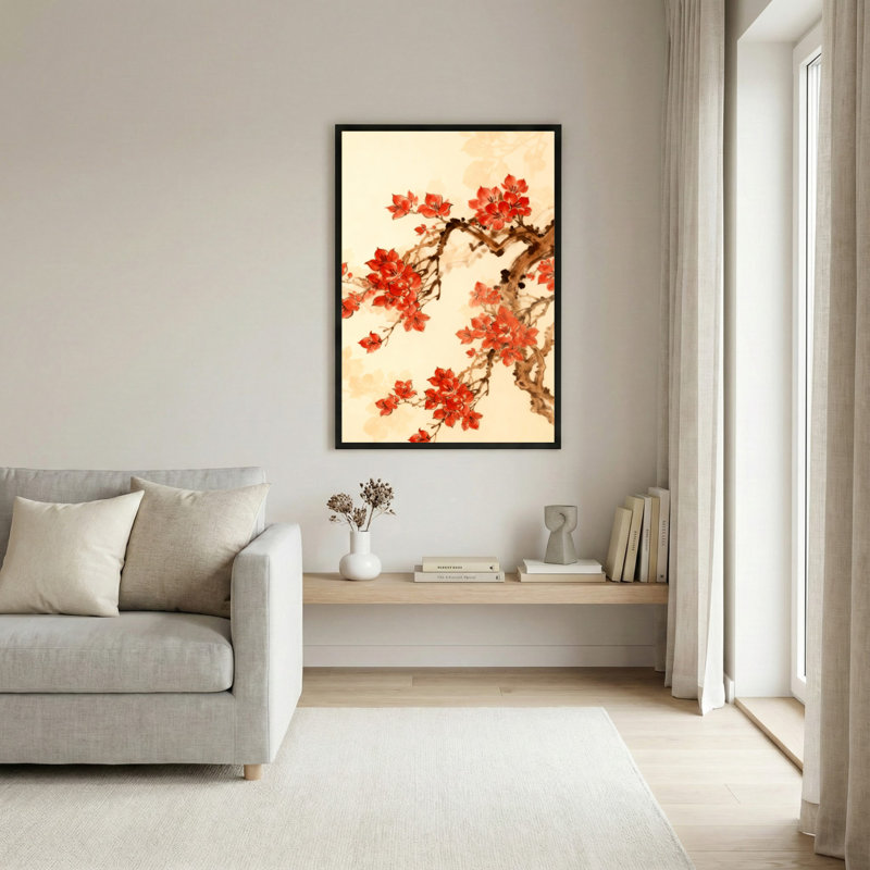 Tableau aquarelle sur toile tendue représentant une branche de cerisier en fleurs rouges, idéal pour décorer un salon ou une chambre.
