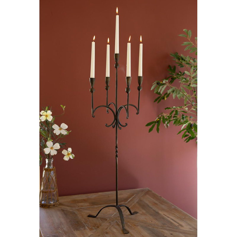  Brown Iron Five-Taper Candelabra Rustic Tabletop Centerpiece 35.5" H