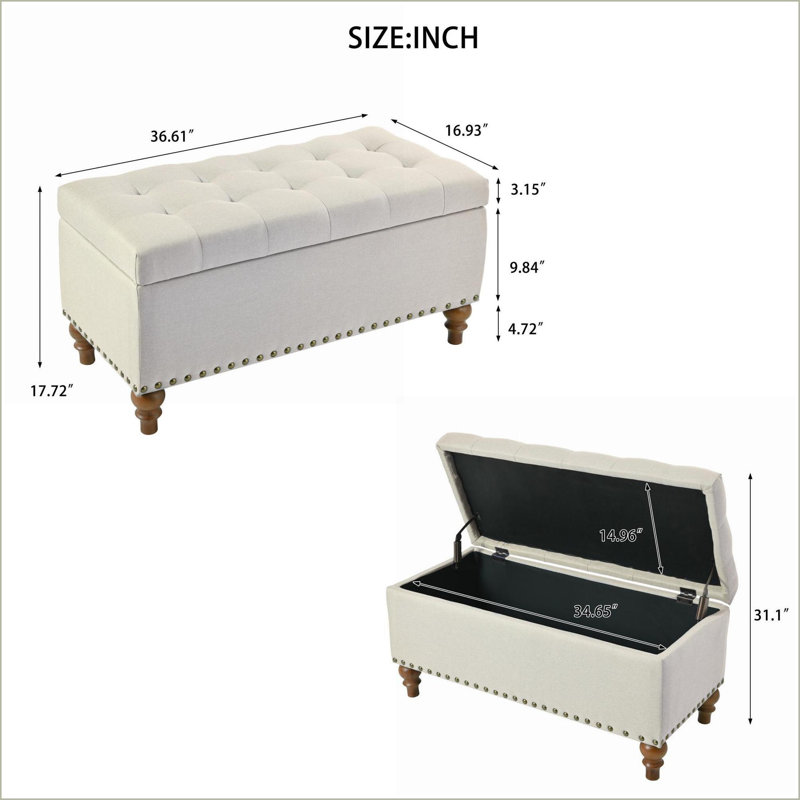 Banc de rangement repose-pieds avec garniture de rivets en bois massif de 36,6 po - beige | Brun clair brun clair | Bois