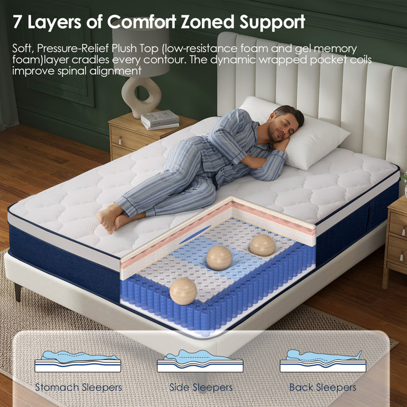 Matelas hybride à ressorts ensachés en mousse viscoélastique respirante, Très grand lit