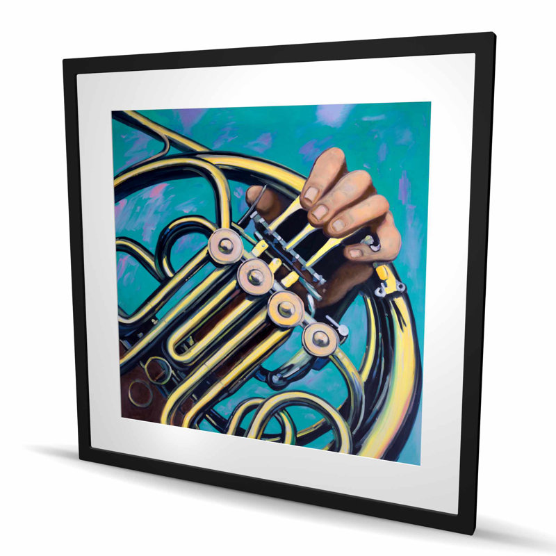 Musicien avec cor français - impression encadrée jaune moderne, H 36 po x l 36 po, Jaune / beige / turquoise, Black