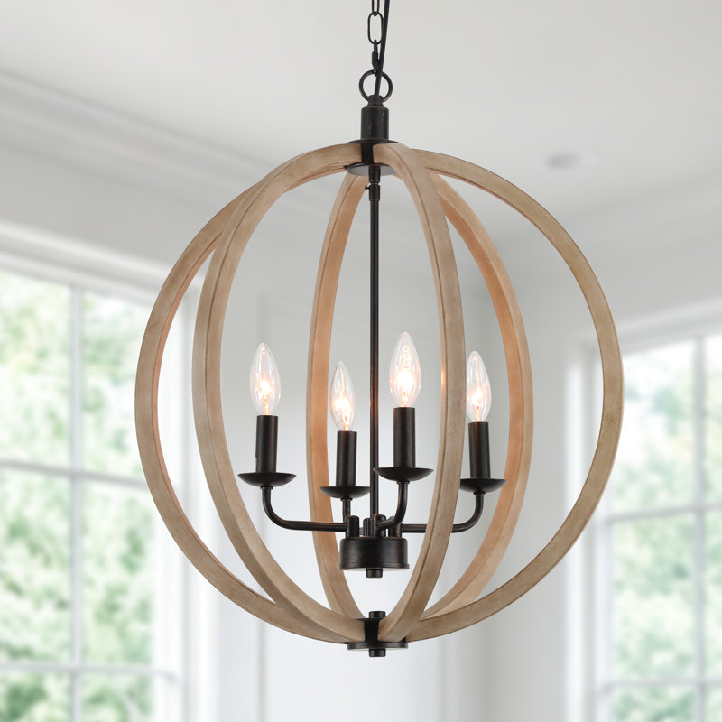 4-Light Globe Orb Wood Chandelier