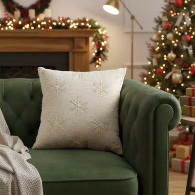 Coussin décoratif 20 "avec flocons de neige naturels et dorés avec broderie
