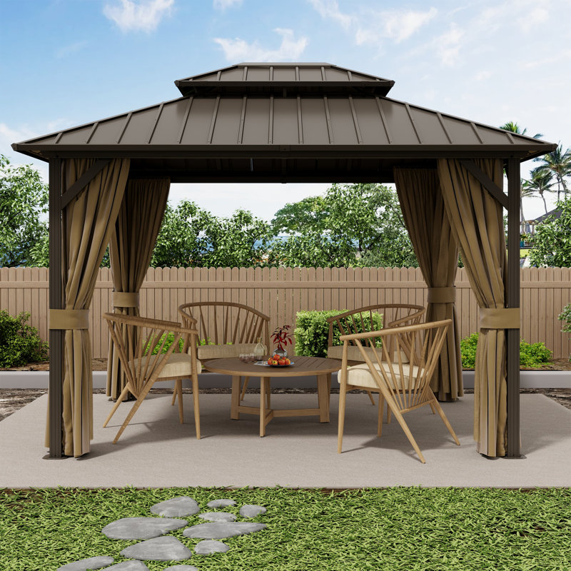 10 x 12 ft Hardtop Gazebo, Outdoor Aluminum Frame Galvanized Steel Double Roof Pavilion With Netting And Shaded Curtains, Permanent Metal Pergolas For Patio, Backyard, Deck And Lawns.