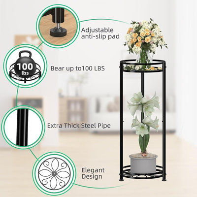 Paquet de 2 supports à plantes ronds en métal, grands et courts pots à fleurs robustes, présentoir extérieur imperméable et résistant à la rouille, noir