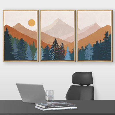 Sun Mountain Landscape " WooMountain Pine Tree View " 3 Piece Art Graphic Art Print