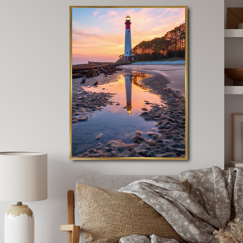 Phare, île de chasse, Caroline du Sud, reproduction sur toile, H 32 po x l 16 po x P 1 po, Cadre flottant doré