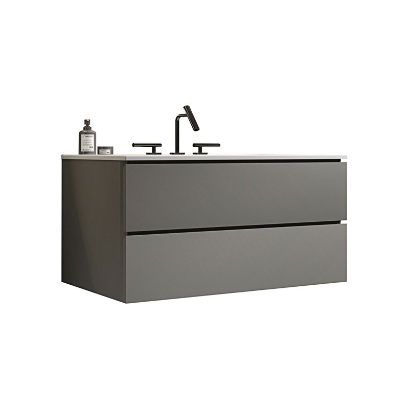 Meuble-lavabo mural avec lavabo en céramique, grand meuble-lavabo flottant avec trois trous de robinet, Blanc / Gris