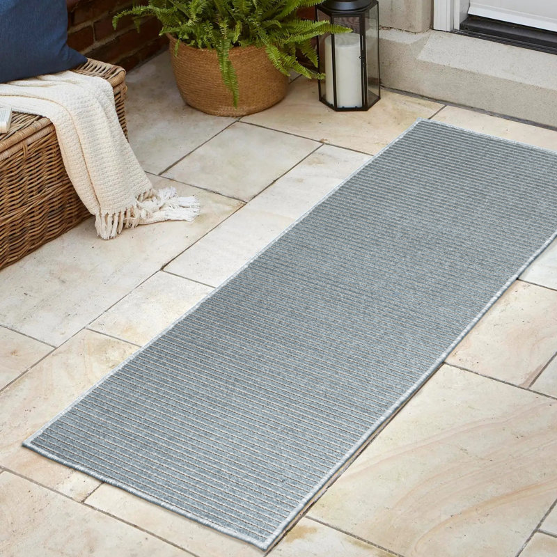 Tapis intérieur / extérieur rayé bleu / ivoire Ryandh High-Low Minimalist, Tapis de couloir 2 pi x 8 pi