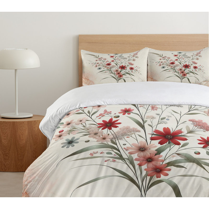 Minimal Flowers Duvet Cover, California King Duvet Cover + 2 Standard Shams