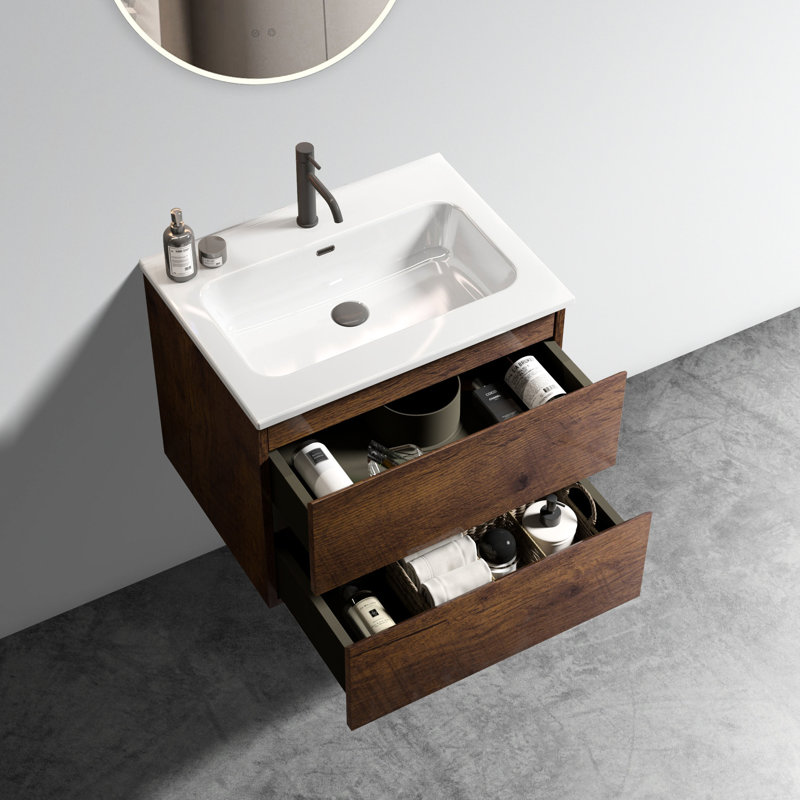 Meuble-lavabo en noyer avec lavabo en céramique de 61 cm (24 po) - Élégant, spacieux et silencieux, avec plusieurs tiroirs chics.