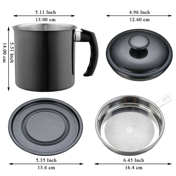 Oil Strainer Pot Grease Can 2L / 67.6 fl oz Food Strainer Stainless Steel Oil Storage Container with Fine Mesh Strainer Dust-proof Lid Non-Slip Tray F