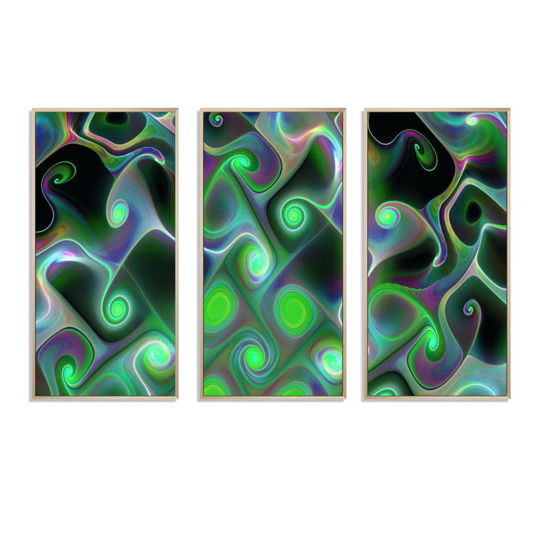 Tourbillons de fractale vert foncé - ensemble d'art mural sur toile abstrait encadré de 3, H 20 po x l 36 po, Cadre brun