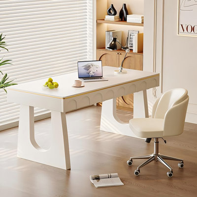 Cream White Rectangle Sintered Stone Writing Desk
