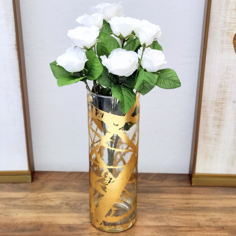 FLORA Solid Gilded Glass Cylinder Vase, Overall Height - 15.75'', Clear/Gold