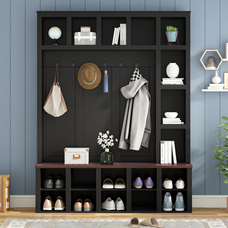 Hall Tree 59" Wide With Bench And Shoe Storage, Black