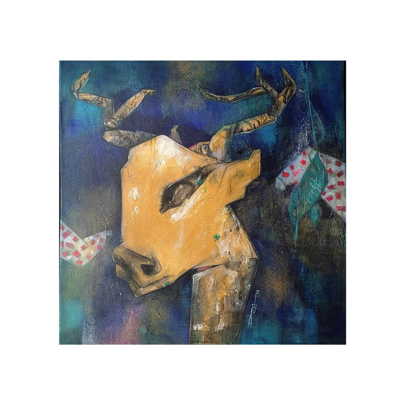 Tête de cerf | Technique mixte sur toile | Par Dhananjoy Das