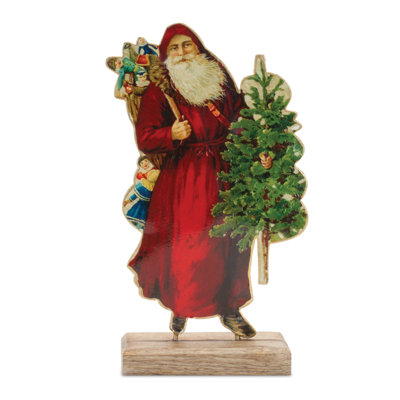 Père Noël rétro en métal avec base en bois H 8 po