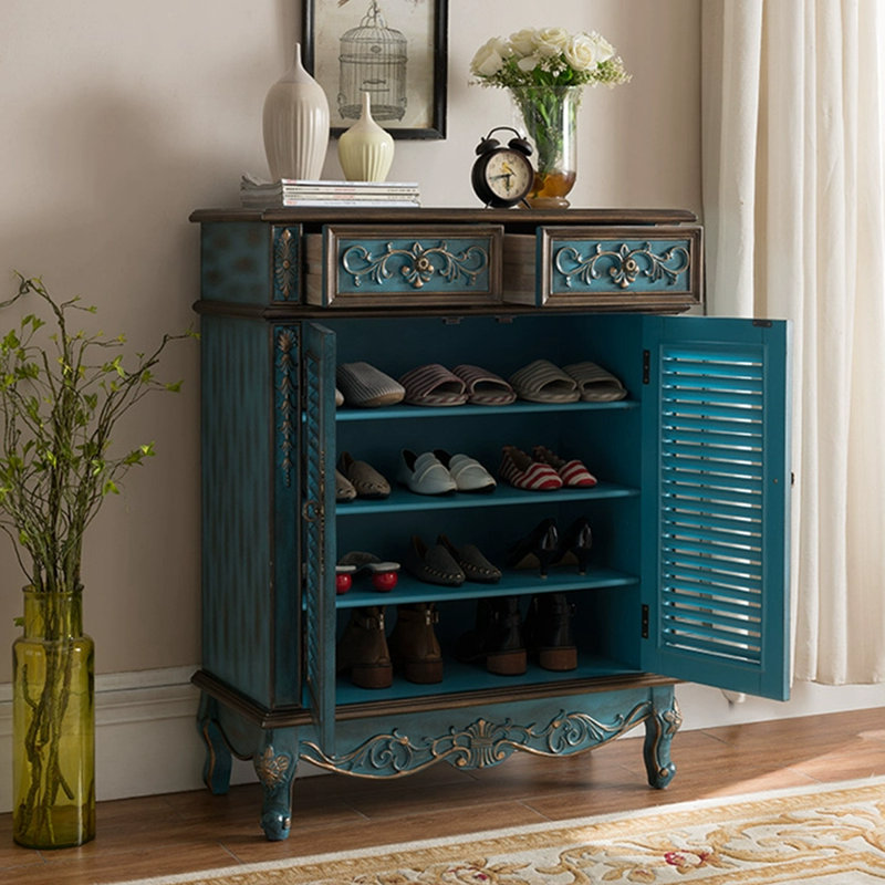 Blue Solid Wood Shoe Storage Bench