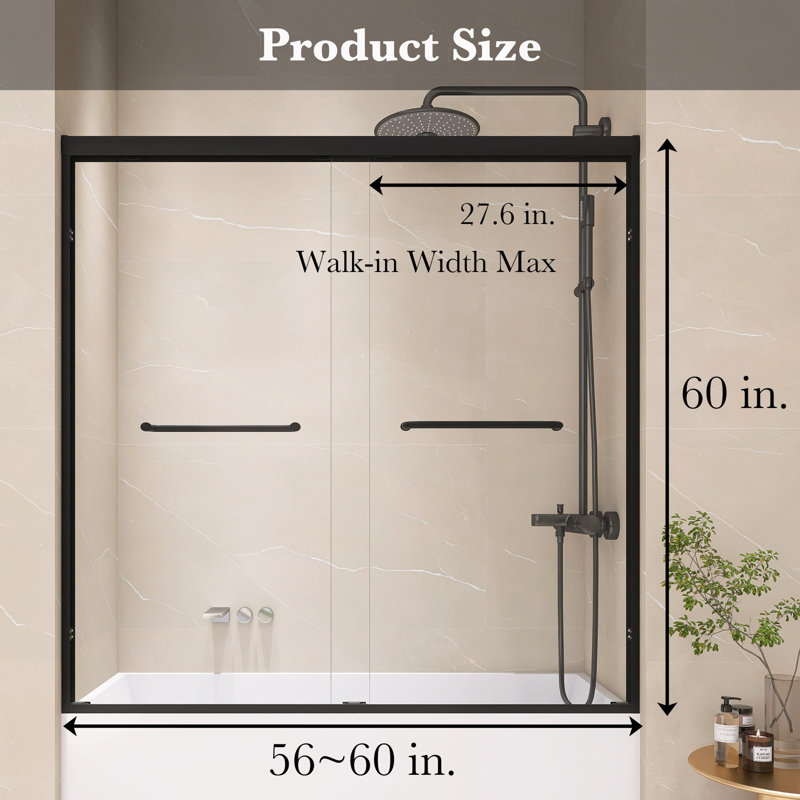 56" To 60" X 60" Aluminum Framed Double Sliding Tub Door, With 1/4" Tempered Glass, With Explosion Proof Film, Stainless Steel Handle