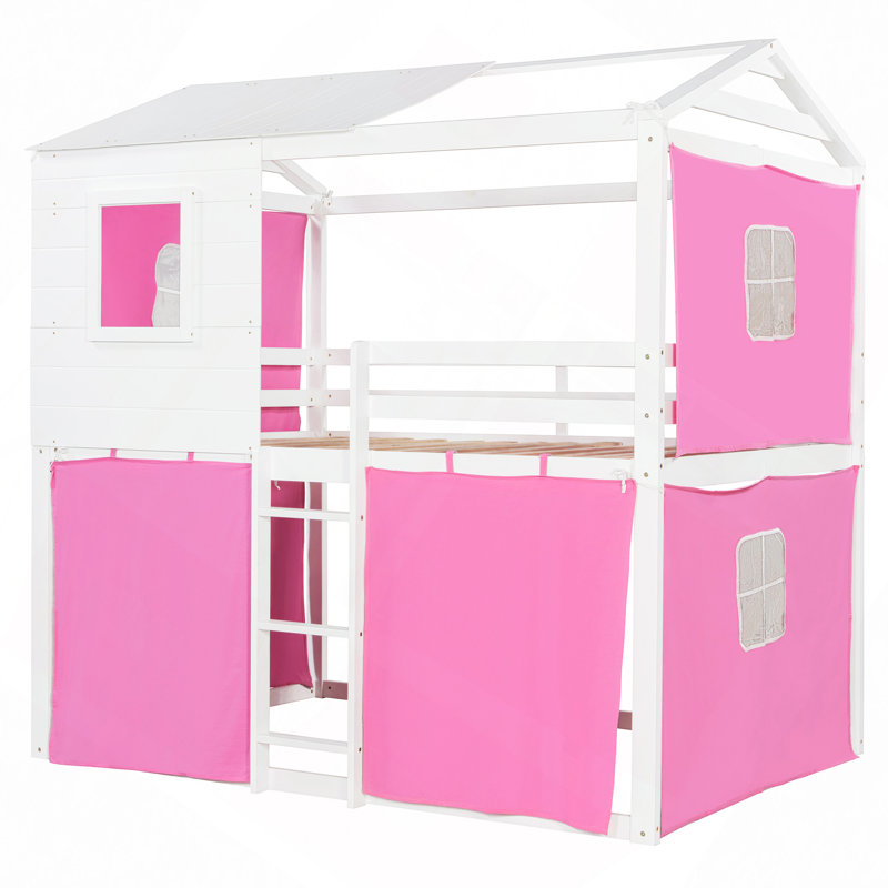 Lit superposé en bois avec tente, Rose