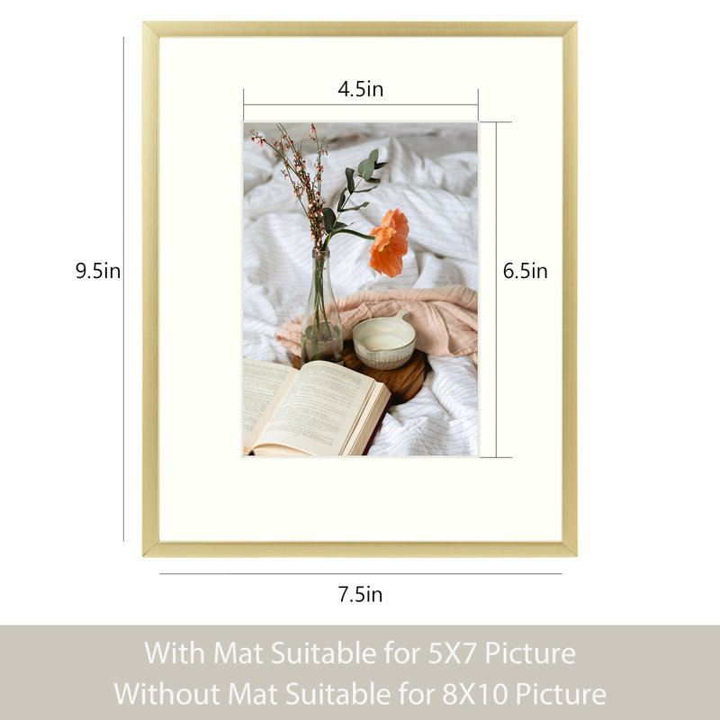 Drennon Metal Picture Frame, Aluminum Photo Frames for Table Top and Wall Mounting, 8" x 10" Matted to 5" x 7", Gold