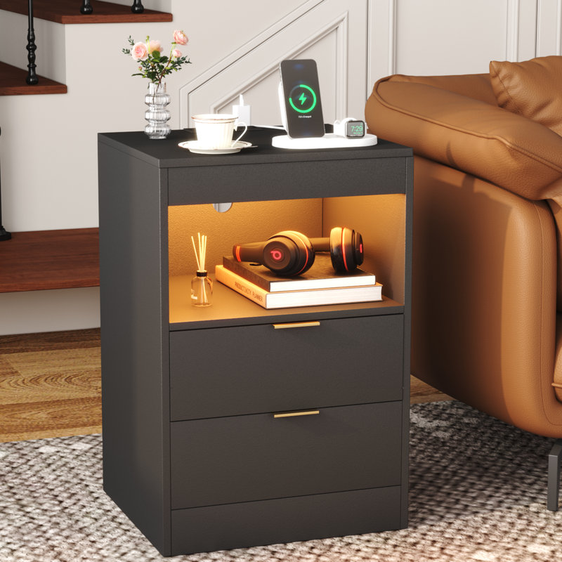 40cm W Particle Board / Chipboard Bedside Table, Black/Gold
