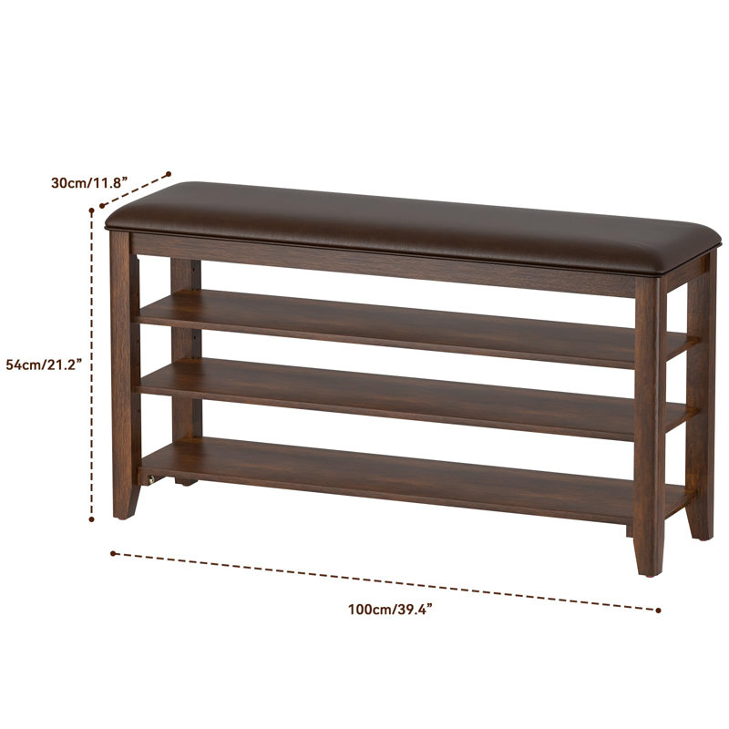 Shoe Rack Bench Entryway Storage with Leather Cushion and 3 Height-Adjustable Removable Shelve, 21.2" H x 39.4" W x 11.81" D