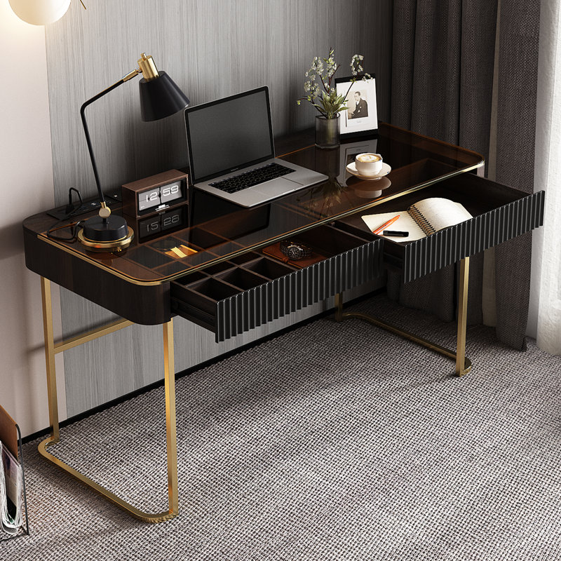 Rectangle Office Desk, Black/Brown/Gold, 29.50" H x 47" W x 23" D