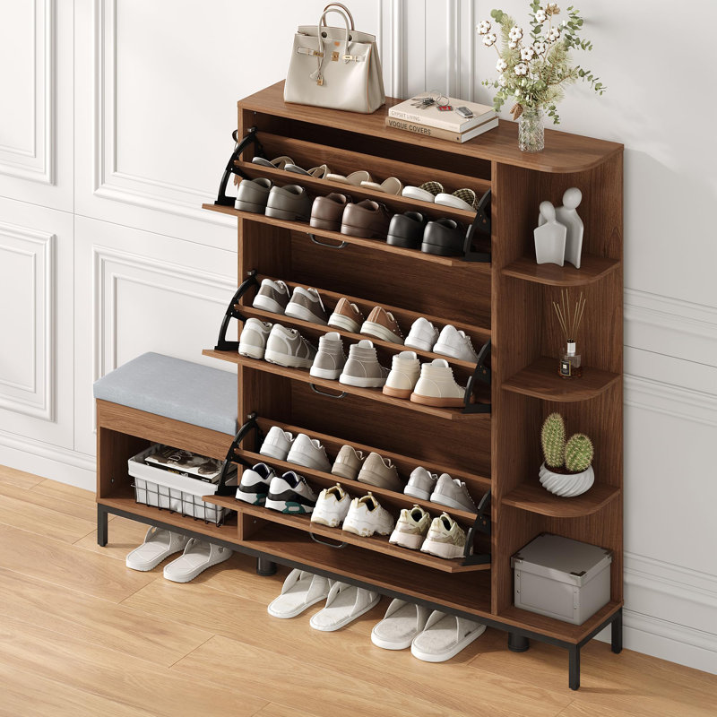 Narrow Shoe Cabinet With Bench & 3 Flip Louvered Doors For Entryway