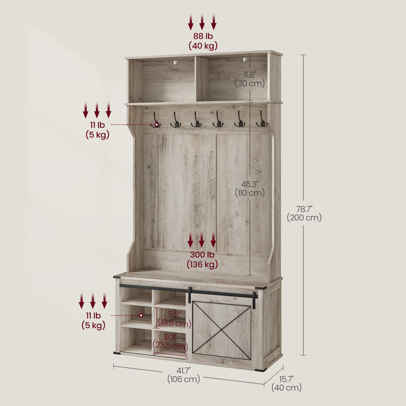 Hall Tree 41.7'' Wide With Bench And Shoe Storage, Rustic Gray