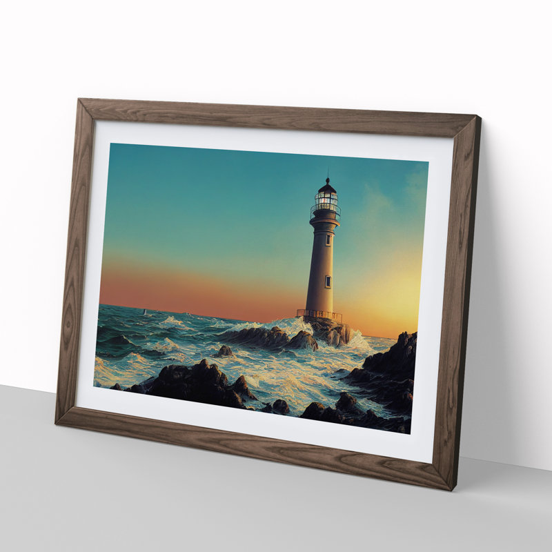 XH1022-8598X Sunrise And Lighthouse 1 Piece Single Picture Frame Wall Art, 46cm H x 64cm W, Brown