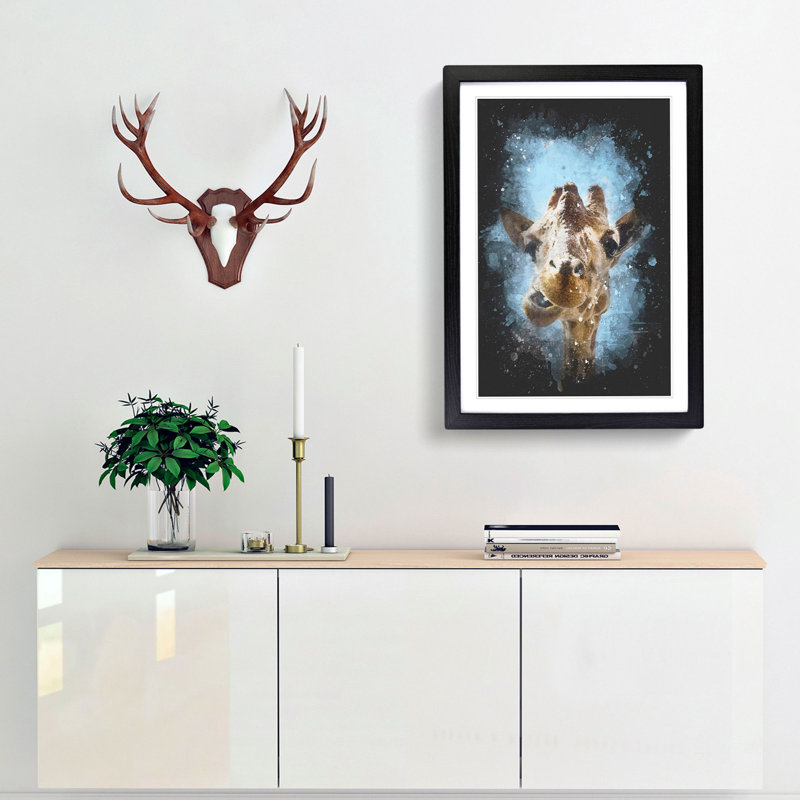 Chewing Giraffe - Framed Print, 33cm H x 24cm W x 2cm D, Black Framed