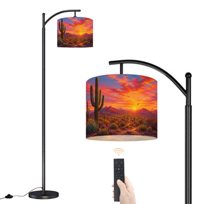  Arched Floor Lamp Desert Landscape Sunset Tall Cacti Vibrant Sky 62.6" Tall Modern Standing Lamp, LED Linen Drum Shade, 3 Color Temperature, Remote & Foot Switch Control for Living Room Bedroom Reading Nook