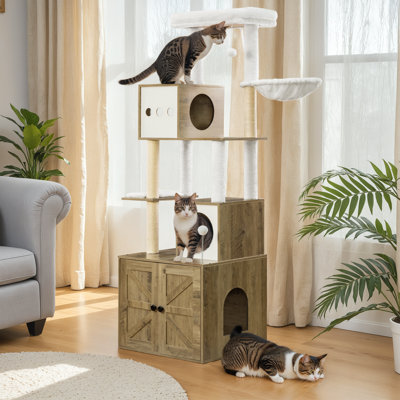 72.8'' H Cat Tree With Wood Litter Box Enclosure, Cat Tower For Indoor Cats