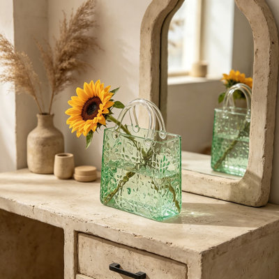 Glass Purse Vase With Embossed Pattern, 12 Inch Green Tote Vase For Flowers, Large Decorative Vase For Wedding, Living Room, Bedroom, Table, Office