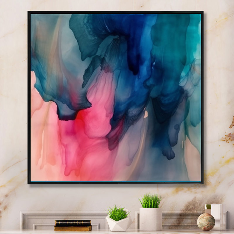 «Dequantae Blue and Pink Watercolor Mix», reproduction sur toile, Cadre flottant noir, 44" H x 44" W