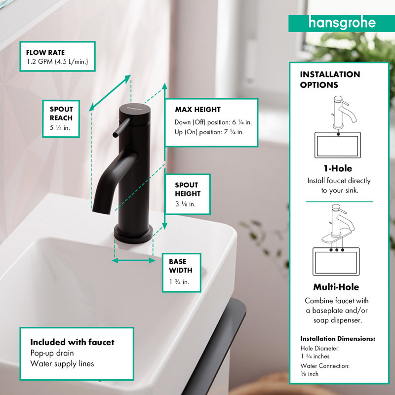 hansgrohe Tecturis S Single-Hole Faucet 80 with Pop-Up Drain, 1.2 GPM, Matte Black