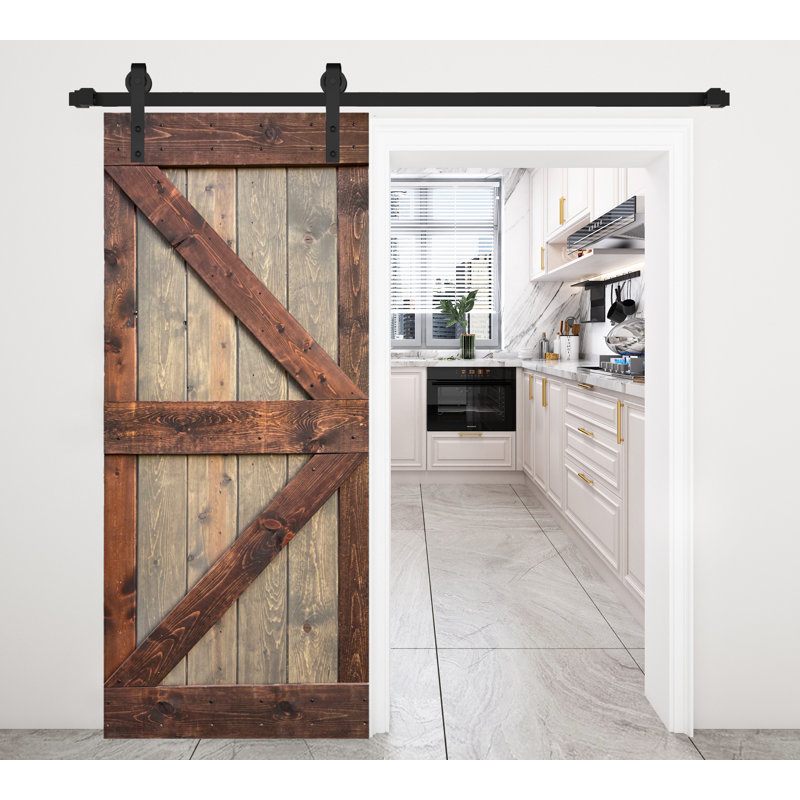 Porte de grange à panneaux peinte en bois sans quincaillerie d'installation - assemblage requis, 38 po x 84 po, Brun / Noyer
