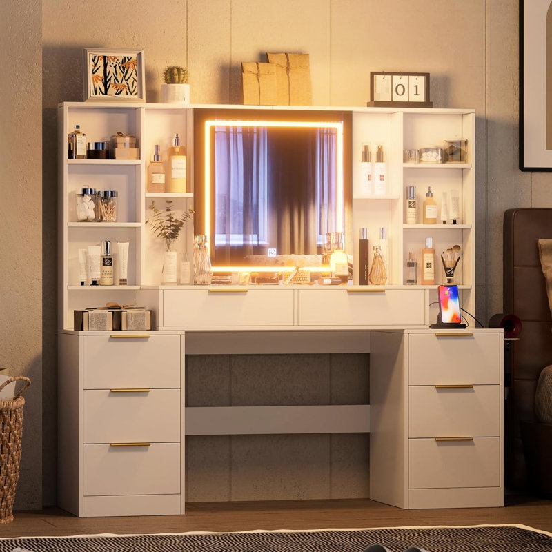 54", Brightness Adjustable, Makeup Vanity Desk, 3 - Colour Led Lights, Mirror, 8 Drawers, Open Shelves, Dressing Table, Bedroom, E1 Engineered Wood, Scratching Tempered Glass Adjustable Desk With