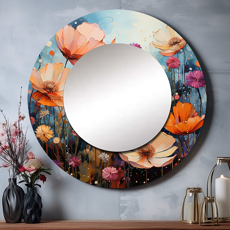 Meadow Impressionistic Blooms Pointillism II - miroir mural Meadow, miroir décoratif rond traditionnel, impression sur métal