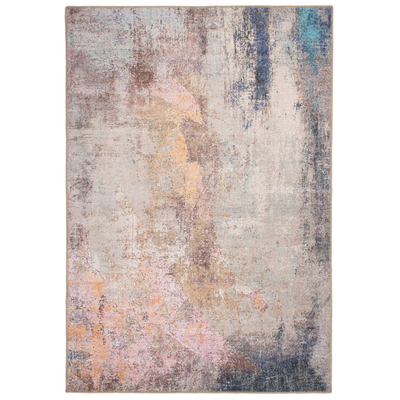 Machine Washable Beige Bronze Modern Abstract Distressed Living Room Area Rug, Rectangle 80 x 150cm
