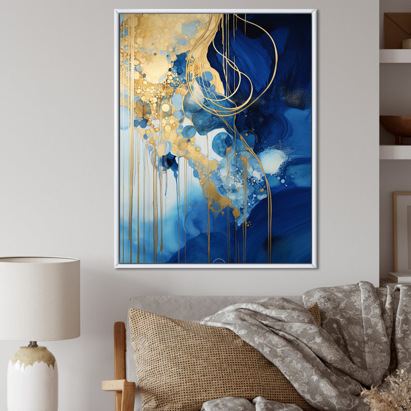 «Golden Oceanic Wave Harmony» sur toile, Cadre flottant blanc, H 32 po x l 16 po x P 1 po