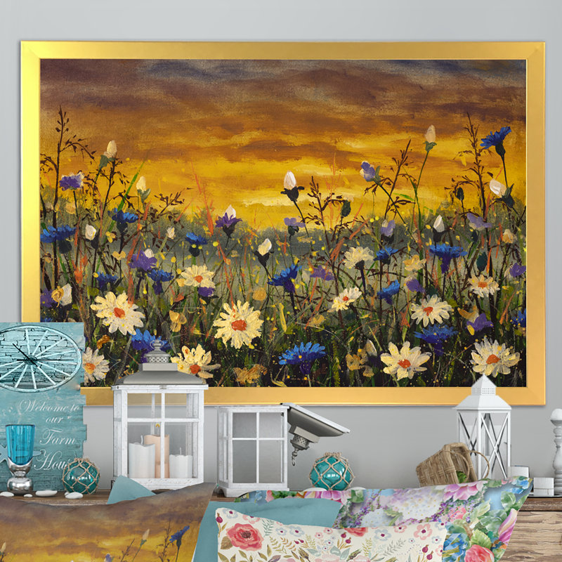 «White Daisies Flowers On Sunset», reproduction sur toile flottante, Cadre doré, H 12 po x l 20 po x P 1 po