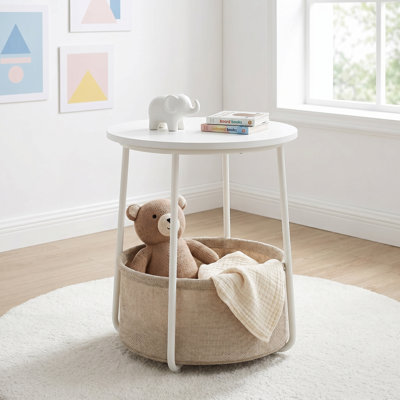 Petite table de bout ronde avec table de chevet moderne avec panier en tissu, blanc mat et brun chameau