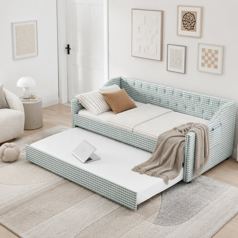 Lit de jour simple rembourré convertible 3-en-1 avec couchette et poches de rangement, Cyan