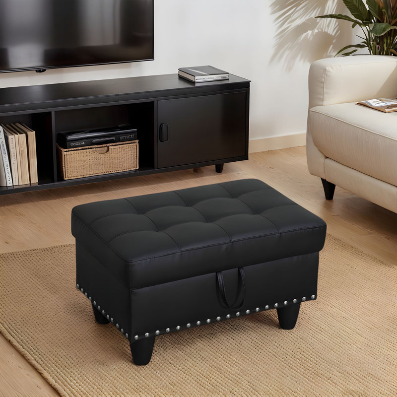 Ginger Storage Ottoman With Semi PU Synthetic Leather Upholstery And Foam Cushion, Black