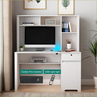 Desks with Hutch &amp; Bookshelf, Modern Home Office Desk with Drawers, 3 AC/2 USB Ports, Lockable Drawer | White | MDF
