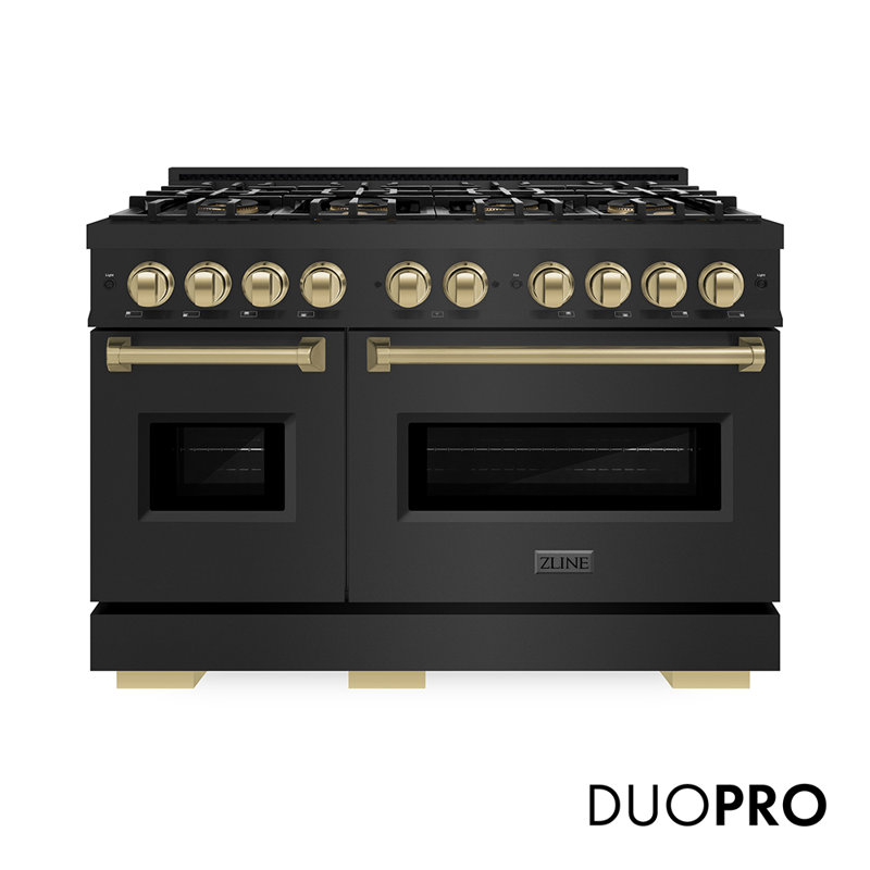 ZLINE Autograph 48 in. Classic Gas Range with 8 Burner DuoPro Cooktop w/ Champagne Bronze Accents, Black Stainless Steel